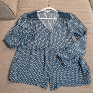 Maurices Teal Cottage Peasant Boho Lightweight Button Down Top Blouse Size XS